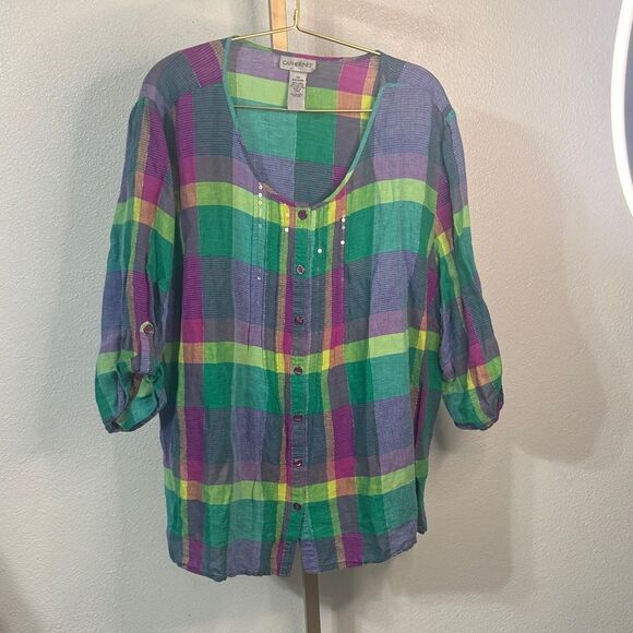 Catherines Tops - Catherines Multicolor Plaid Top with sparkle- 2X
